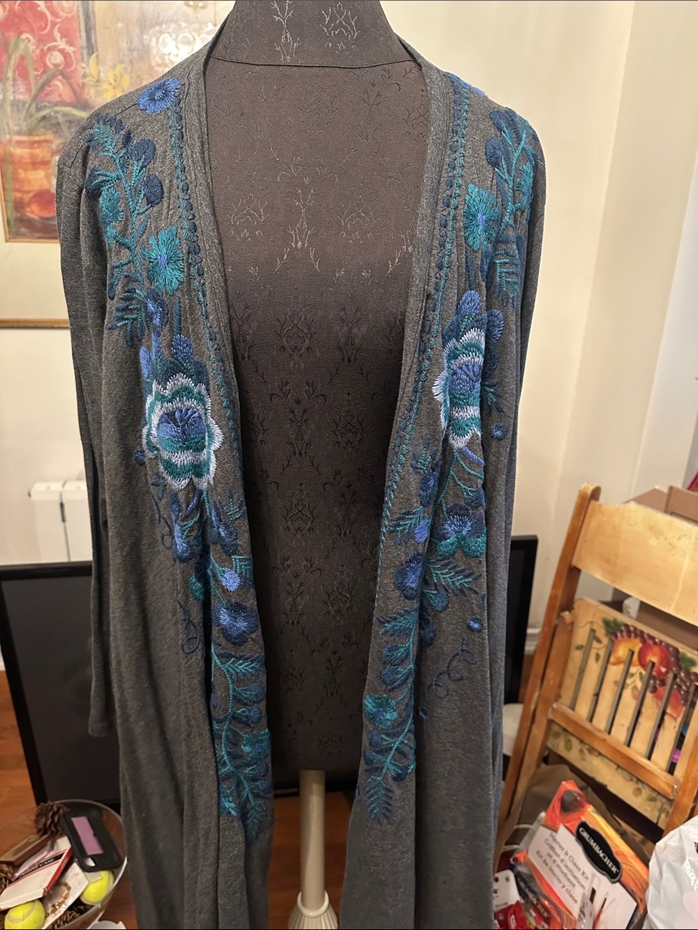 Johnny Was Women's Grey Embroidered Open Cardigan Sweater TealFloral L Large